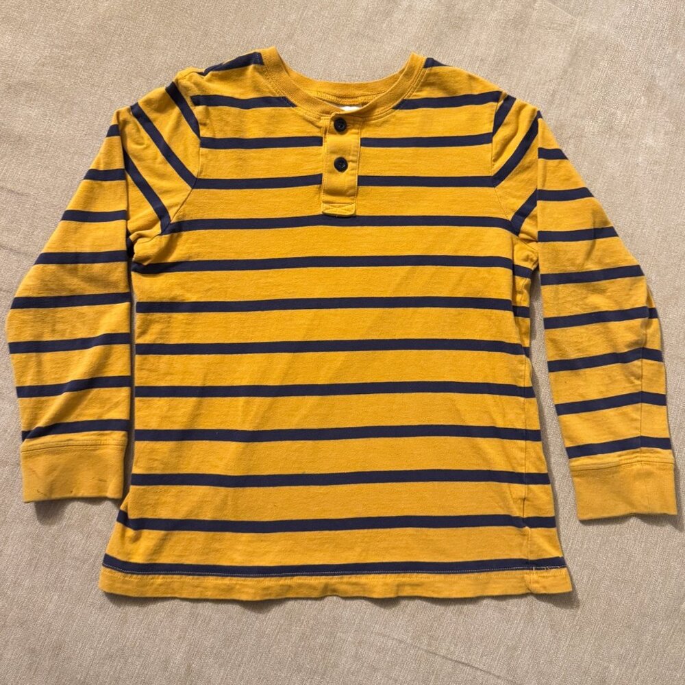 Hanna Andersson Kids Long Sleeve Shirt, Yellow Blue Striped Henley 130 CM, US 8